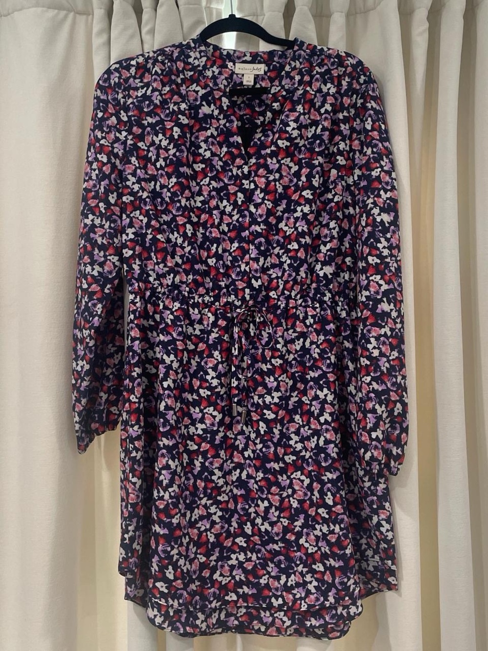 Maison Jules Navy Floral Tie-Waist Long-Sleeve Dress